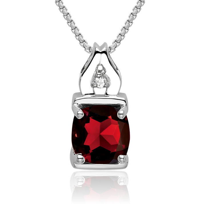 14K Solid White Gold Red Garnet Diamond Necklace Charm Gemstone Pendant