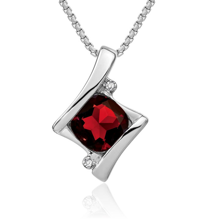 14K Solid White Gold Red Garnet Diamond Necklace Charm Gemstone Pendant