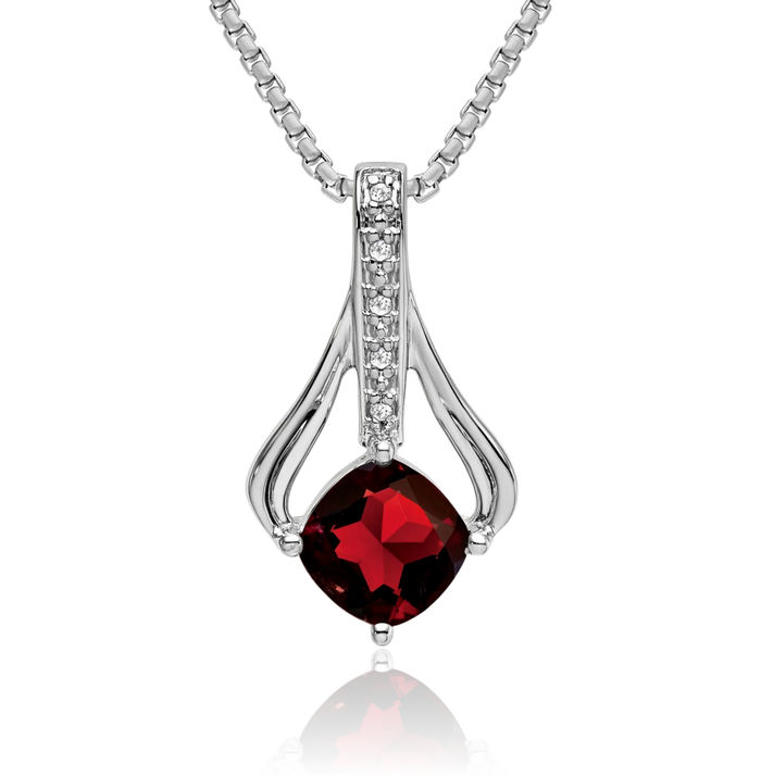 14K Solid White Gold Red Garnet Diamond Necklace Charm Gemstone Pendant