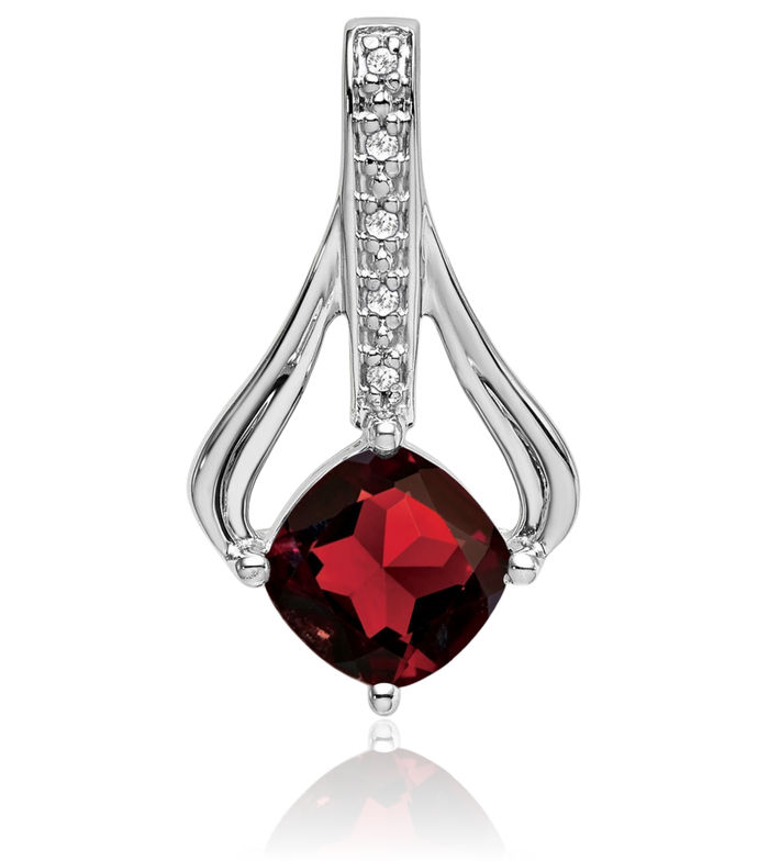 14K Solid White Gold Red Garnet Diamond Necklace Charm Gemstone Pendant