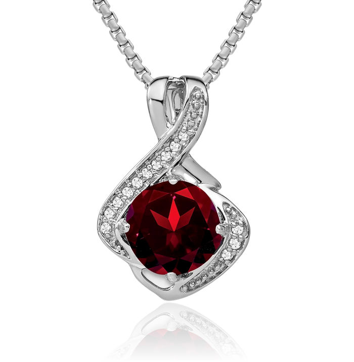 14K Solid White Gold Red Garnet Diamond Necklace Charm Gemstone Pendant