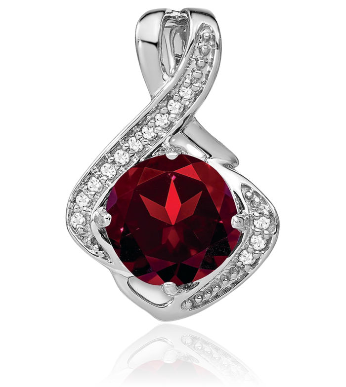 14K Solid White Gold Red Garnet Diamond Necklace Charm Gemstone Pendant