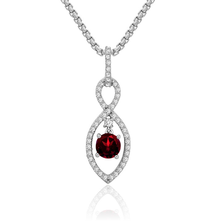 14K Solid White Gold Red Garnet Diamond Necklace Charm Gemstone Pendant