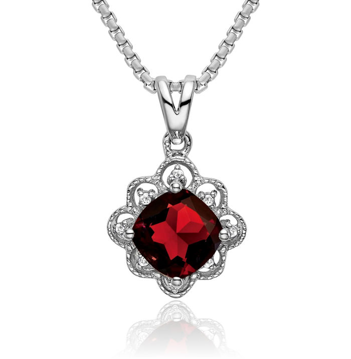 14K Solid White Gold Red Garnet Diamond Necklace Charm Gemstone Pendant