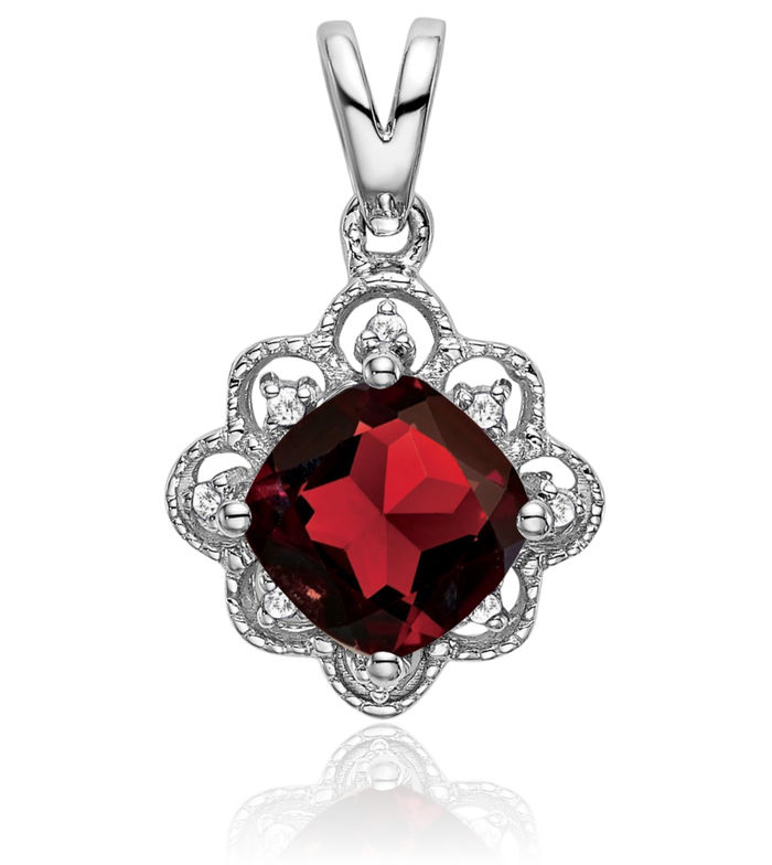 14K Solid White Gold Red Garnet Diamond Necklace Charm Gemstone Pendant