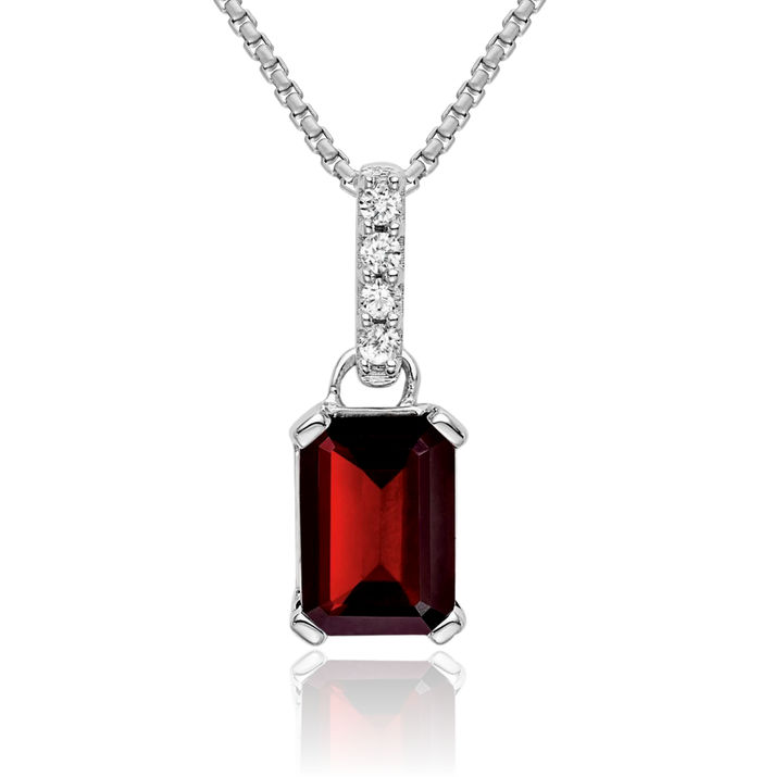 14K Solid White Gold Red Garnet Diamond Necklace Gemstone Pendant Charm April January Birthstone Jewelry