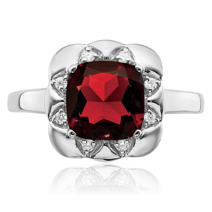 14K Solid White Gold Red Garnet Diamond Ring Gemstone Band January Birthstone Jewelry