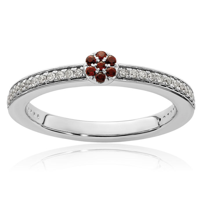 14K Solid White Gold Red Garnet Diamond Stacking Ring Gemstone Band January Birthstone Jewelry