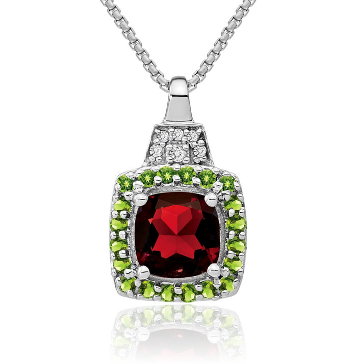 14K Solid White Gold Red Garnet Green Peridot Diamond Necklace Charm Gemstone Pendant