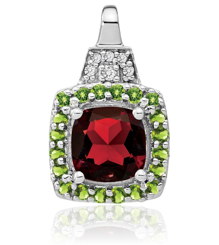 14K Solid White Gold Red Garnet Green Peridot Diamond Necklace Charm Gemstone Pendant