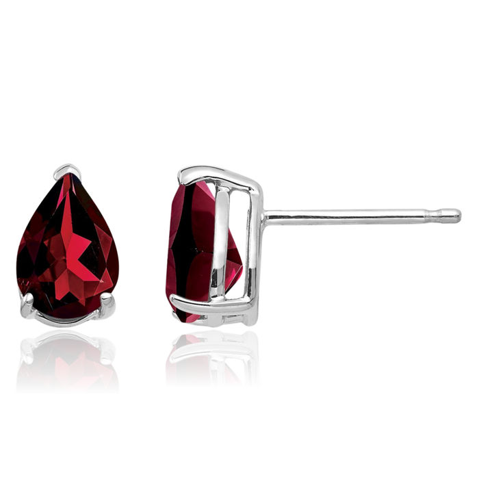 14K Solid White Gold Red Garnet Studs Pear Teardrop Gemstone Solitaire Earrings January Birthstone Jewelry