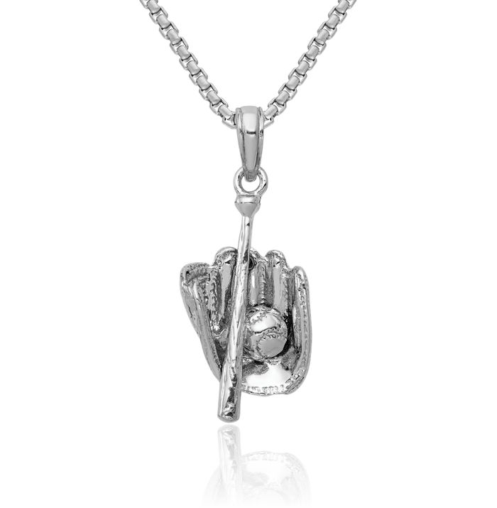 14K Solid White Gold Glove Bat Baseball Necklace Softball Charm Sports Pendant