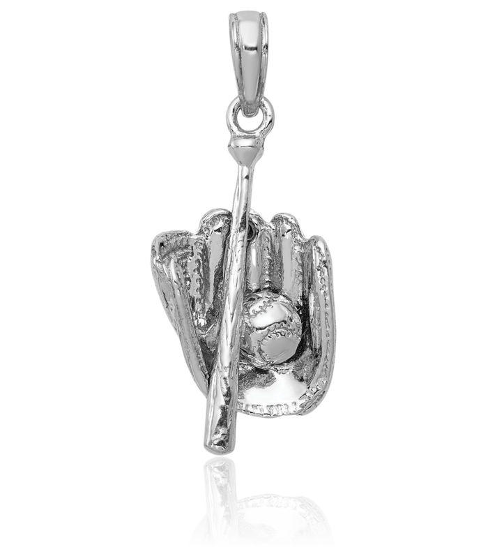 14K Solid White Gold Glove Bat Baseball Necklace Softball Charm Sports Pendant