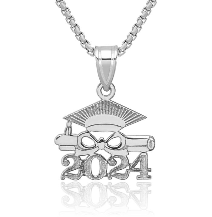 14K Solid White Gold Graduation Cap Diploma 2024 Necklace Chain Pendant Charm