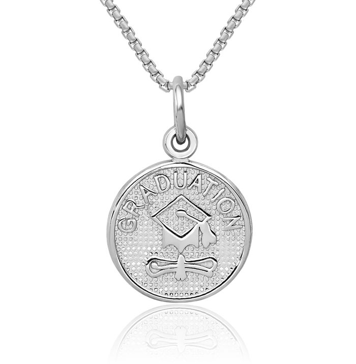 14K Solid White Gold Graduation Disc Necklace Chain Pendant Charm