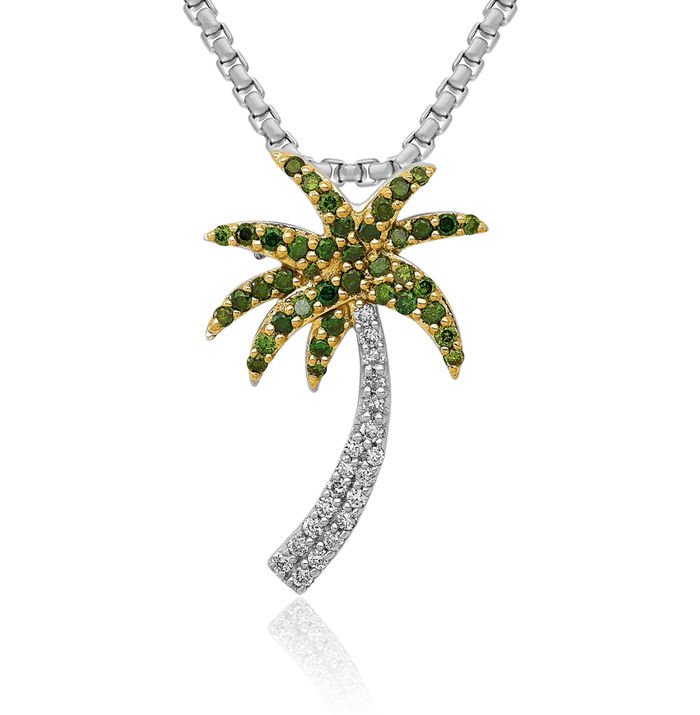 14K Solid White Gold Green Diamond Palm Tree Floating Chain Slide Tropical Pendant Necklace Summer Beach Charm