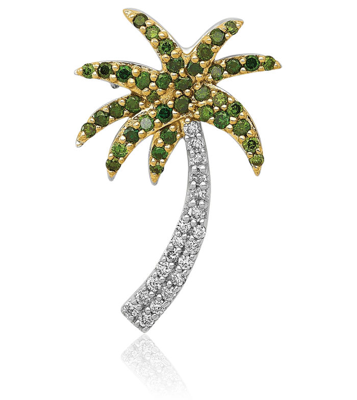 14K Solid White Gold Green Diamond Palm Tree Floating Chain Slide Tropical Pendant Necklace Summer Beach Charm