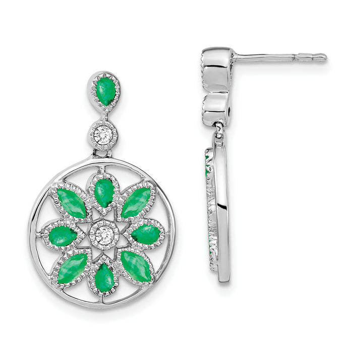 14K Solid White Gold Green Emerald Diamond Flower Drop Dangle Earrings Gemstone Post Push Back May Birthstone Jewelry