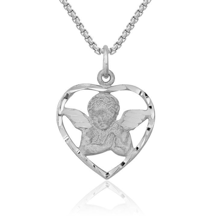 14K Solid White Gold Guardian Angel Wings Heart Necklace Protect Us Cherub Pendant Religious Charm