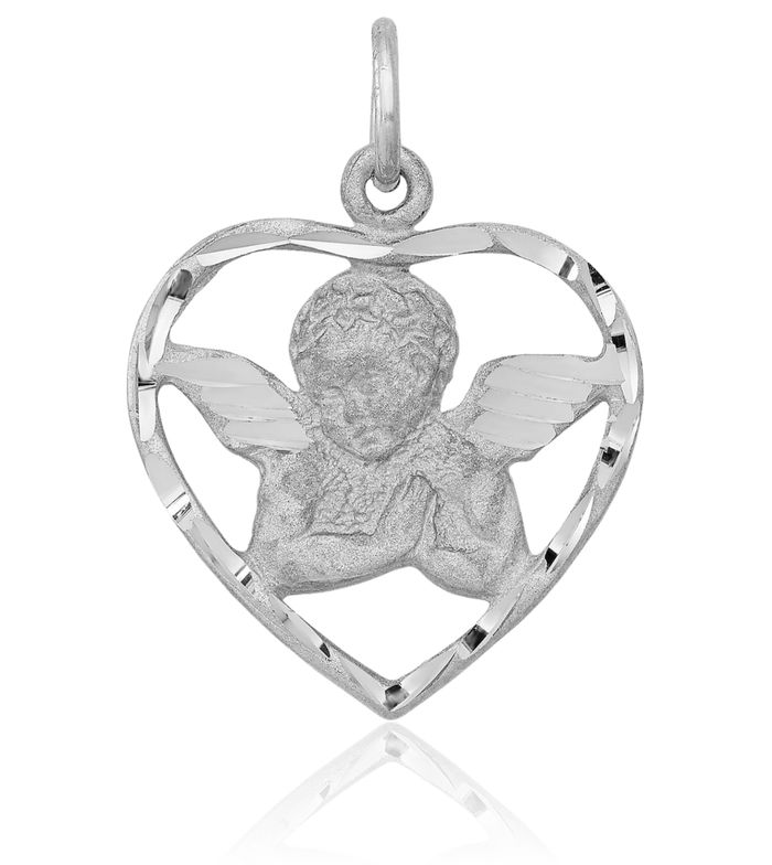 14K Solid White Gold Guardian Angel Wings Heart Necklace Protect Us Cherub Pendant Religious Charm