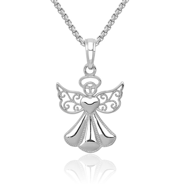 14K Solid White Gold Guardian Angel Wings Heart Necklace Protect Us Cherub Pendant Religious Charm