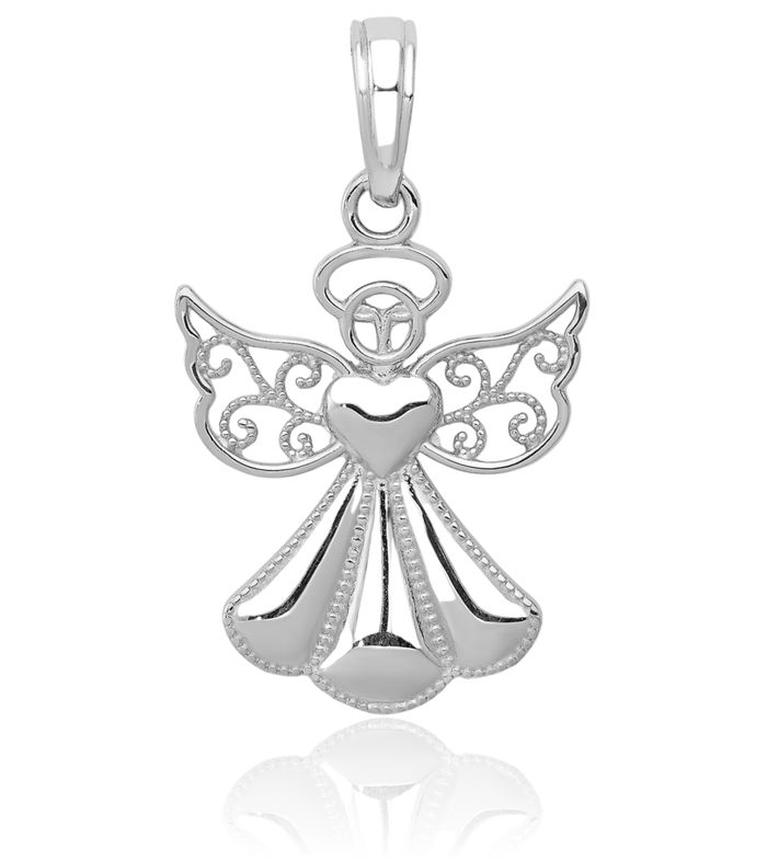 14K Solid White Gold Guardian Angel Wings Heart Necklace Protect Us Cherub Pendant Religious Charm