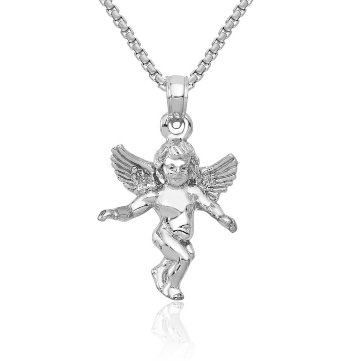 14K Solid White Gold Guardian Angel Wings Necklace Protect Us Cherub Pendant Religious Charm