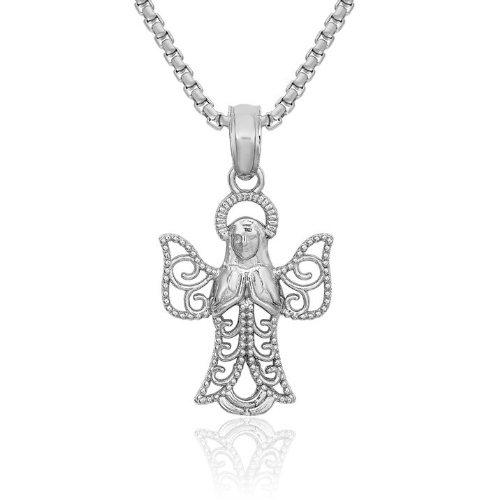 14K Solid White Gold Guardian Angel Wings Necklace Protect Us Cherub Pendant Religious Charm