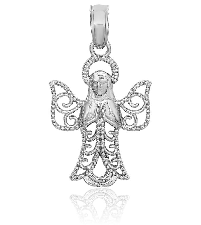 14K Solid White Gold Guardian Angel Wings Necklace Protect Us Cherub Pendant Religious Charm