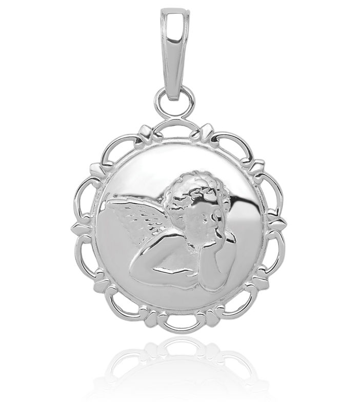 14K Solid White Gold Guardian Angel Wings Cherub Round Scallop Necklace Protect Us Pendant Religious Charm