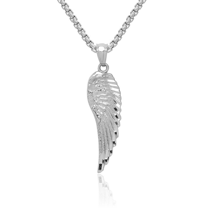 14K Solid White Gold Guardian Angel Wings Single Wing Necklace Protect Us Cherub Pendant Religious Charm