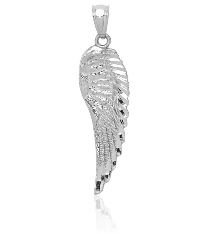 14K Solid White Gold Guardian Angel Wings Single Wing Necklace Protect Us Cherub Pendant Religious Charm