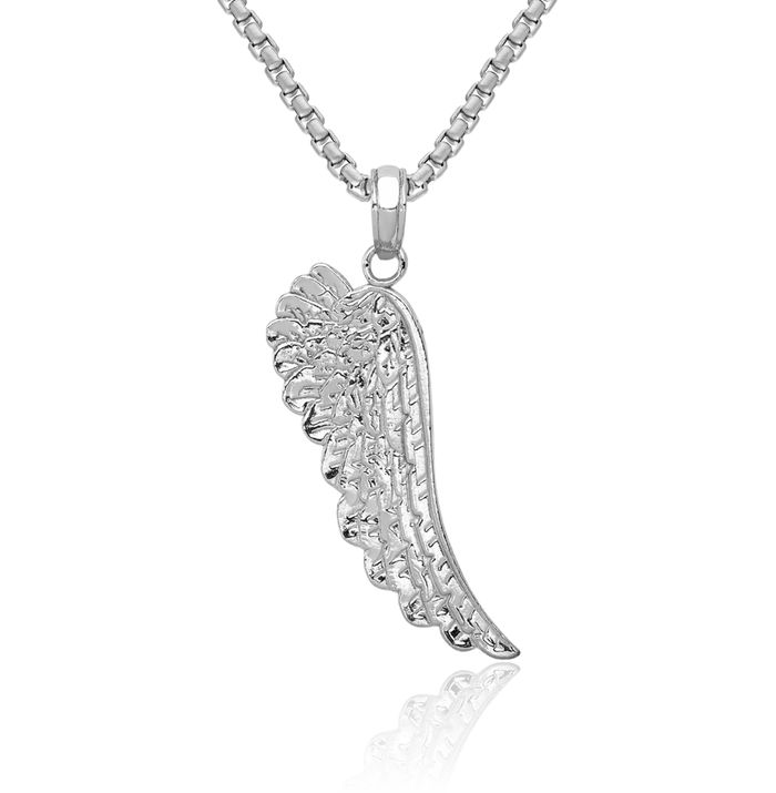 14K Solid White Gold Guardian Angel Wings Single Wing Necklace Protect Us Cherub Pendant Religious Charm