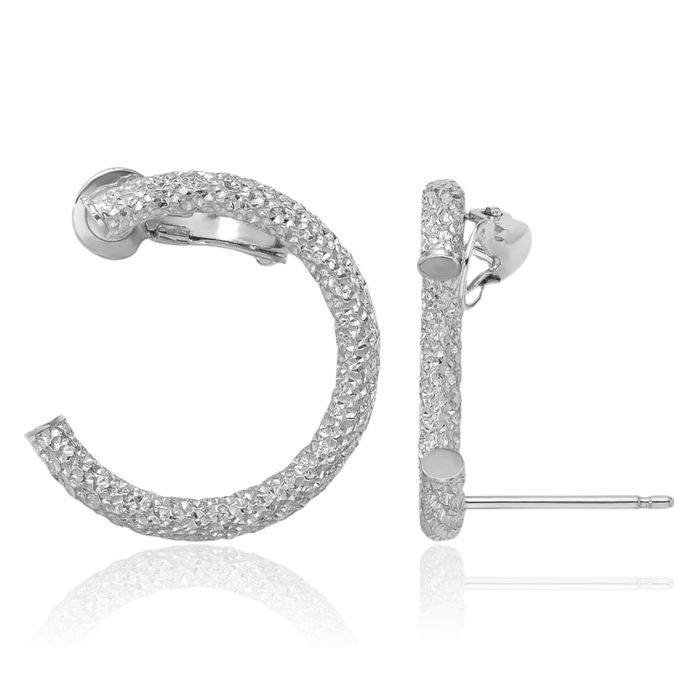 14K Solid White Gold Half Circle Round Post Om Symbol Back Climber Drop Dangle Earrings