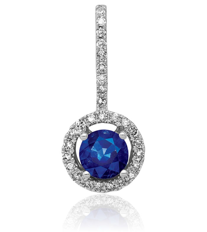 14K Solid White Gold Halo Round Diamond Blue Sapphire Necklace Gemstone Pendant Charm