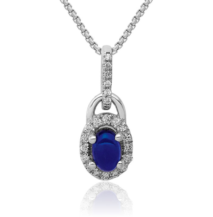 14K Solid White Gold Halo Round Diamond Cabochon Blue Sapphire Necklace Gemstone Pendant Charm September Birthstone Jewelry