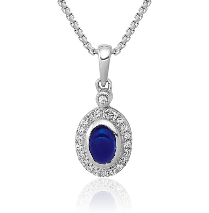 14K Solid White Gold Halo Round Diamond Cabochon Blue Sapphire Necklace Gemstone Pendant Charm