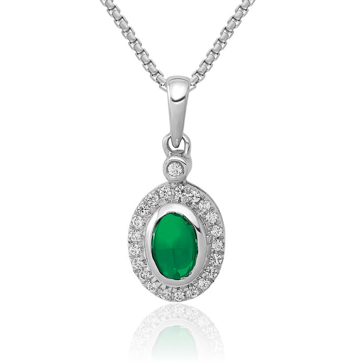 14K Solid White Gold Halo Round Diamond Cabochon Green Emerald Necklace Gemstone Pendant Charm