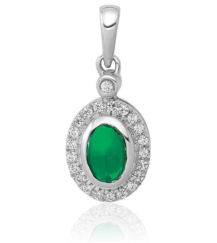 14K Solid White Gold Halo Round Diamond Cabochon Green Emerald Necklace Gemstone Pendant Charm