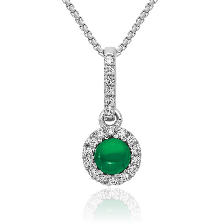 14K Solid White Gold Halo Round Diamond Cabochon Green Emerald Necklace Gemstone Pendant Charm May Birthstone Jewelry