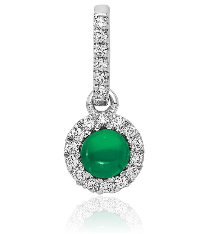 14K Solid White Gold Halo Round Diamond Cabochon Green Emerald Necklace Gemstone Pendant Charm May Birthstone Jewelry