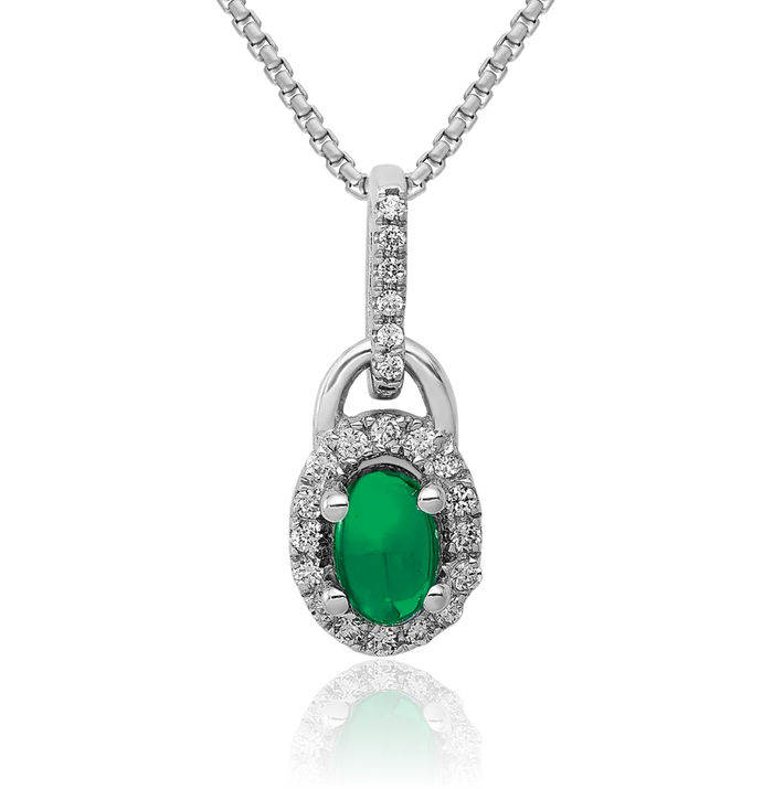 14K Solid White Gold Halo Round Diamond Cabochon Green Emerald Necklace Gemstone Pendant Charm May Birthstone Jewelry