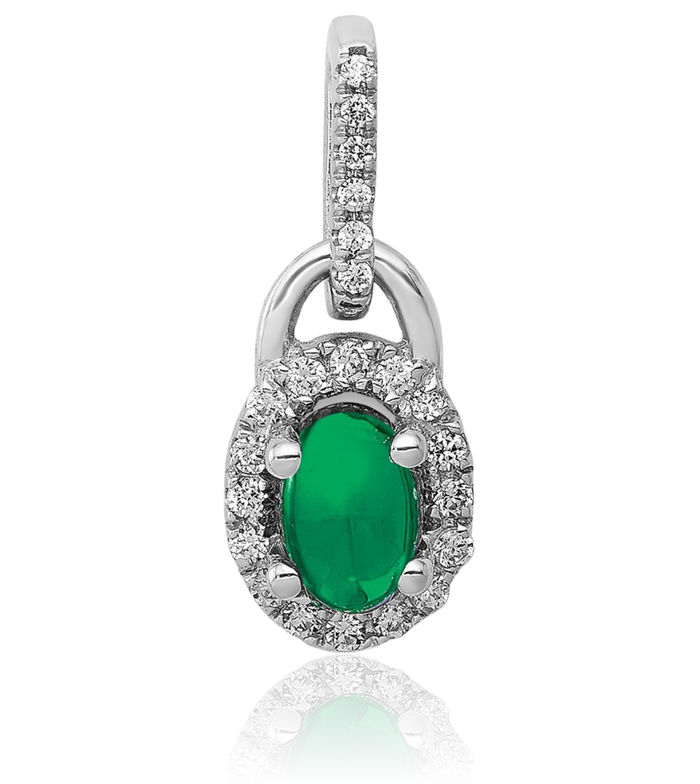 14K Solid White Gold Halo Round Diamond Cabochon Green Emerald Necklace Gemstone Pendant Charm May Birthstone Jewelry