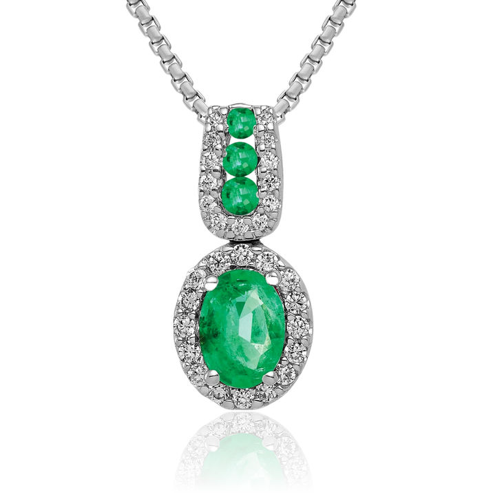 14K Solid White Gold Halo Diamond Oval Green Emerald Necklace Gemstone Pendant Charm