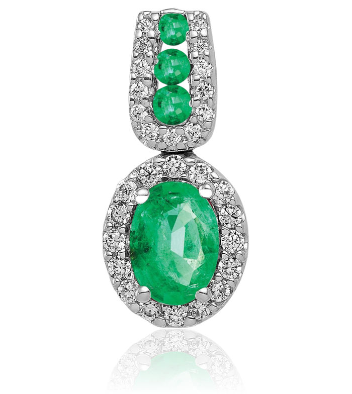 14K Solid White Gold Halo Diamond Oval Green Emerald Necklace Gemstone Pendant Charm