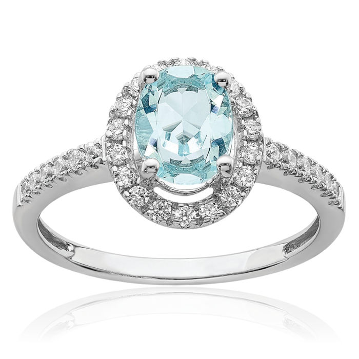 14K Solid White Gold Halo Oval Blue Aquamarine Diamond Engagement Ring