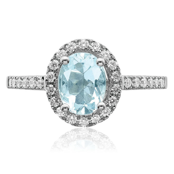 14K Solid White Gold Halo Oval Blue Aquamarine Diamond Engagement Ring