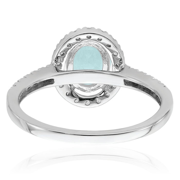 14K Solid White Gold Halo Oval Blue Aquamarine Diamond Engagement Ring