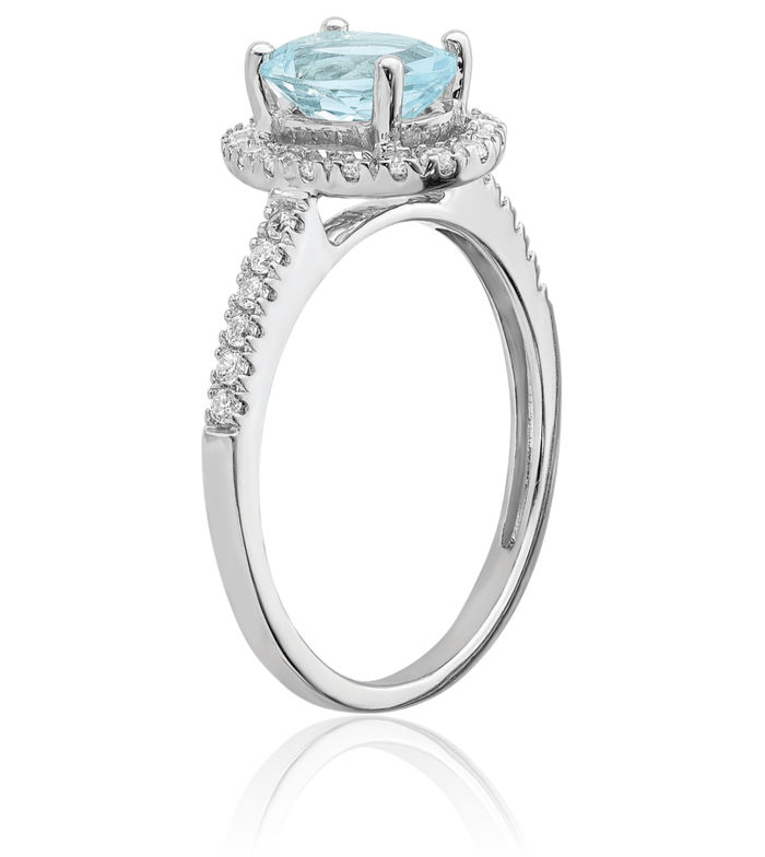 14K Solid White Gold Halo Oval Blue Aquamarine Diamond Engagement Ring