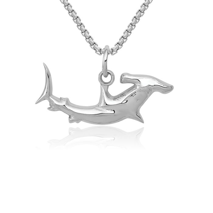 14K Solid White Gold Hammerhead Shark Necklace Chain Pendant Charm